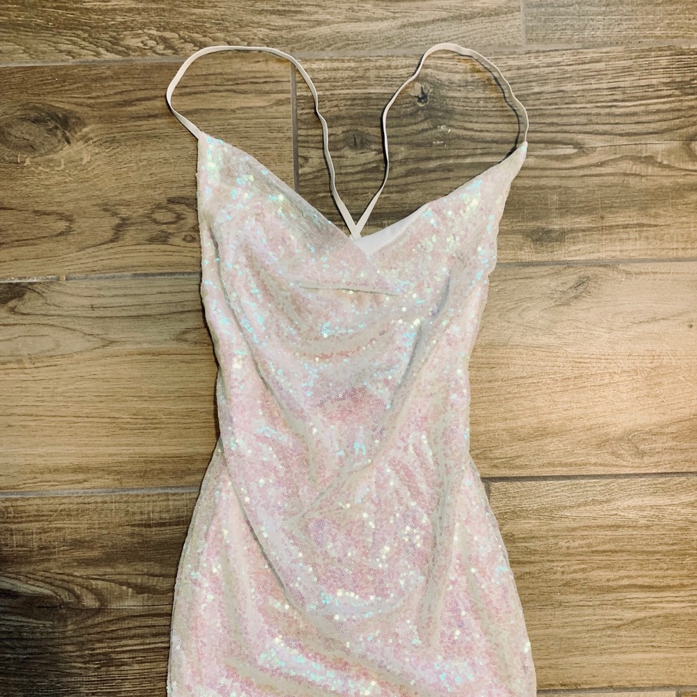 COPY - White iridescent cowl neck sequin dress